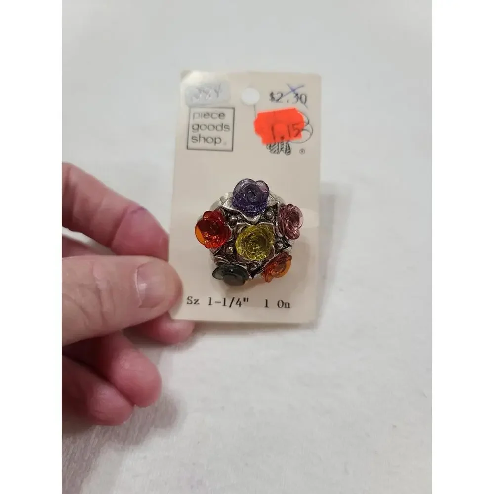 VTG Piece Goods Shop Button Colorful Roses‎ Shank Back 1-1/4
